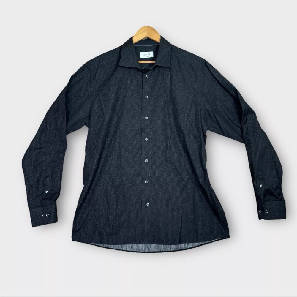 ETON Contemporary Shirt Mens Size 46 18  Black Polka Dots Business Party City